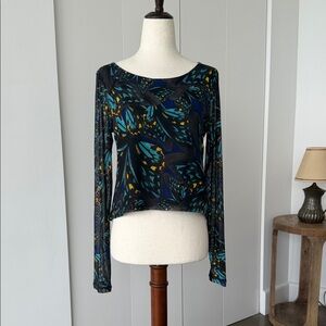 Elegant Blue Patterned Long Sleeve Top